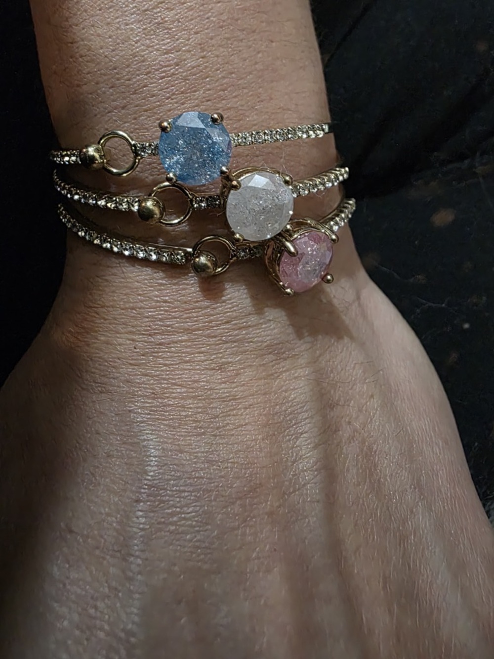 Gold-Tone Triple Bracelet Set with Blue, White and Pink Stones